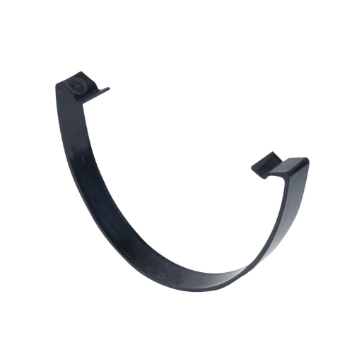 Black 113mm Flexiclip made of durable plastic, featuring a curved design with two securing clips for easy attachment in drainage systems.