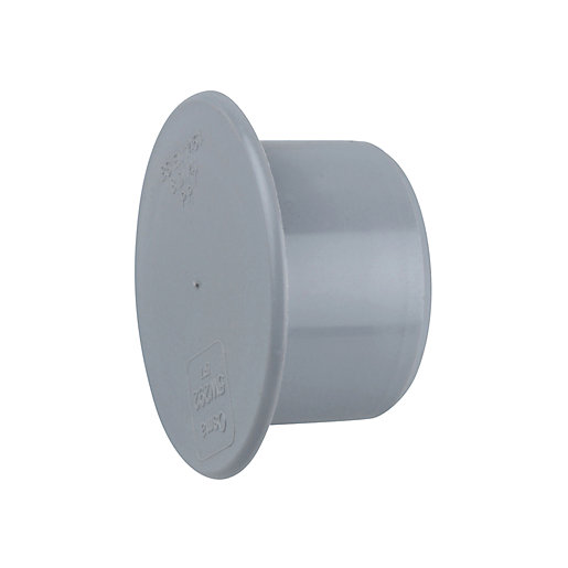 Grey 32mm access plug made of durable plastic, featuring a smooth, rounded design with a flat top and a push-fit connection for easy installation.