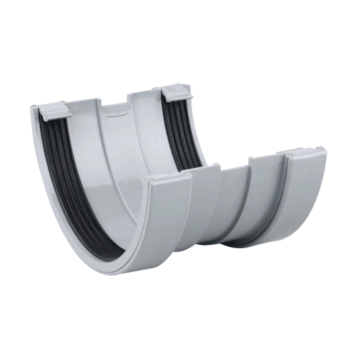 Wavin Osma RoofLine Gutter Union in grey, made of durable plastic, featuring a smooth curved design with rubber seals for secure connections.