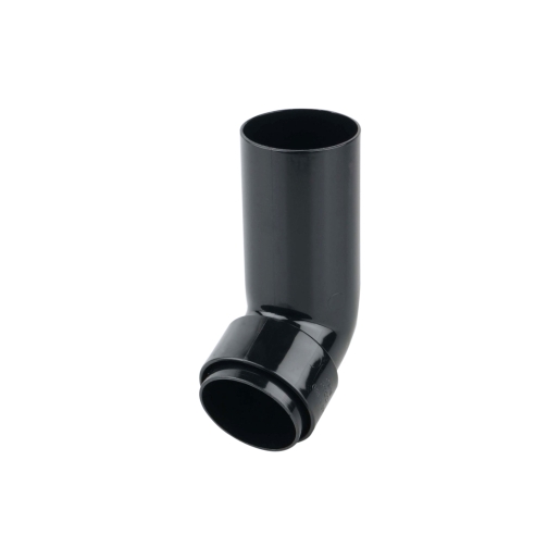 Black plastic long tail offset bend spigot with a 68mm diameter, featuring a smooth finish and a curved design for drainage applications.