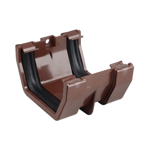 Brown plastic gutter jointing bracket with a 100mm size, featuring rubber seals for a secure fit and designed for connecting square-line gutter sections.