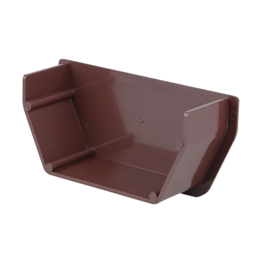 Brown plastic internal stopend for 100mm guttering, featuring a square design with smooth edges and mounting points for secure installation.