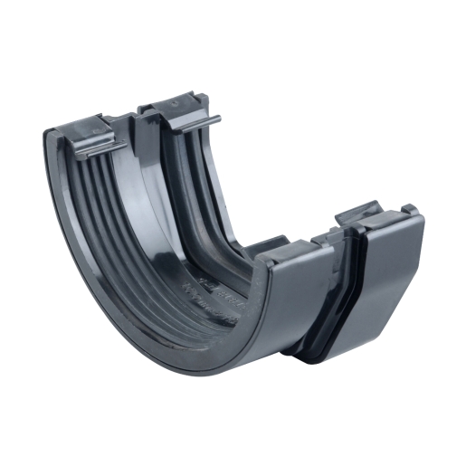 Black plastic connector designed to join a 100mm square gutter to a 4.5" round gutter, featuring a smooth finish and interlocking clips for secure attachment.