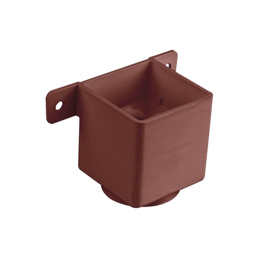 Brown square pipe connector and bracket made of durable plastic, measuring 61mm, featuring a hollow interior and two mounting holes for secure installation.