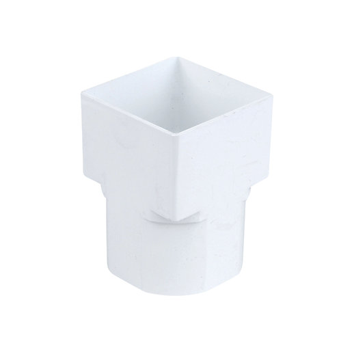 White plastic drain adaptor featuring a square top transitioning to a round base, designed for connecting drainage systems, with a diameter of 61mm.