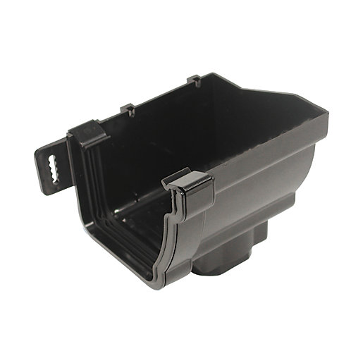 Wavin Osma StormLine Stopend Outlet in right-hand design, featuring a durable black plastic construction with a 111mm diameter and a curved edge for seamless drainage integration.