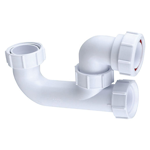 White plastic 40mm bath trap with a 38mm seal, featuring two curved sections and threaded connectors for secure fitting, designed for efficient drainage.