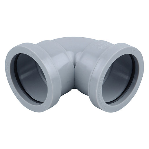Grey 40mm push-fit bend made from durable plastic, featuring two openings for easy connection in plumbing systems.