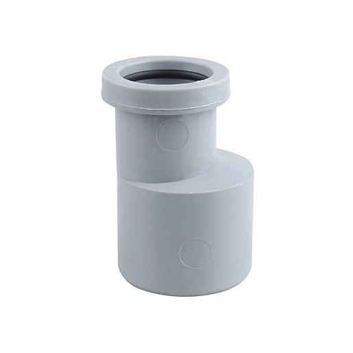 Grey 40mm push-fit bend made of durable plastic, featuring a smooth finish and a 87.5-degree angle for efficient waste pipe connections.