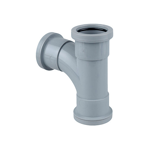 Grey push fit tee connector with a diameter of 32mm and an 87.5-degree angle, made of durable plastic, featuring smooth edges and a secure fitting design.