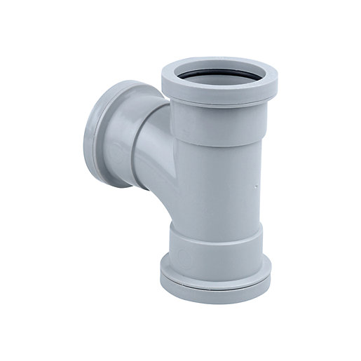 Grey 40mm push-fit tee fitting made of durable plastic, featuring three connection points for wastewater piping.