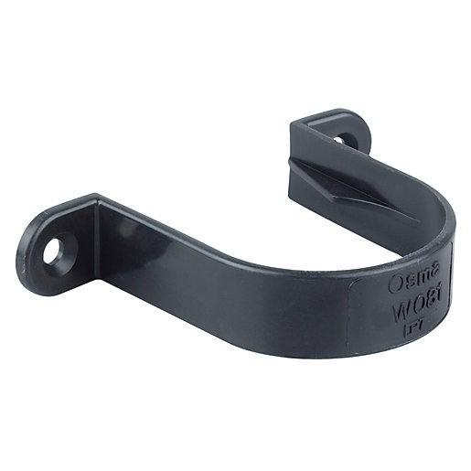 Black plastic push fit pipe bracket designed for 32mm diameter pipes, featuring a curved shape and two mounting holes for secure installation.
