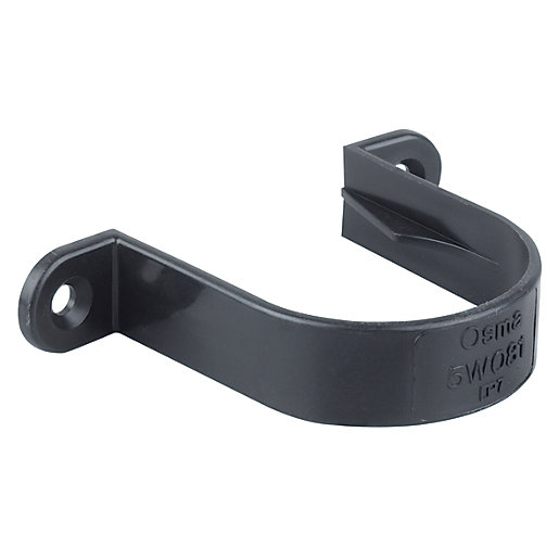 Black plastic push fit pipe bracket designed for 40mm diameter pipes, featuring a curved shape with mounting holes for secure installation.