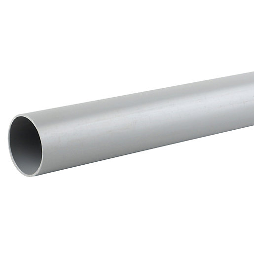 Grey 50mm plain-ended push-fit waste pipe, made of durable plastic, measuring 3 meters in length, designed for easy installation in plumbing systems.