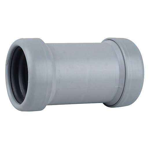 Grey 40mm push-fit universal connector made of durable plastic, featuring smooth surfaces and rubber seals for secure connections in drainage systems.