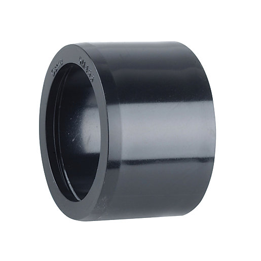 Black plastic solvent weld reducer with a diameter of 32mm on one end and 40mm on the other, featuring smooth surfaces and a cylindrical shape.