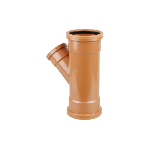 Brown 160mm PVC double socket unequal junction with an 87.5° angle, featuring smooth surfaces and two socket openings for drainage connections.
