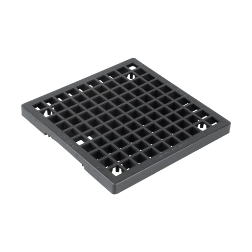 Square black plastic grating with a grid pattern, designed as a spare part for Osma's 4D900 and 4D906 underground drain gully systems.