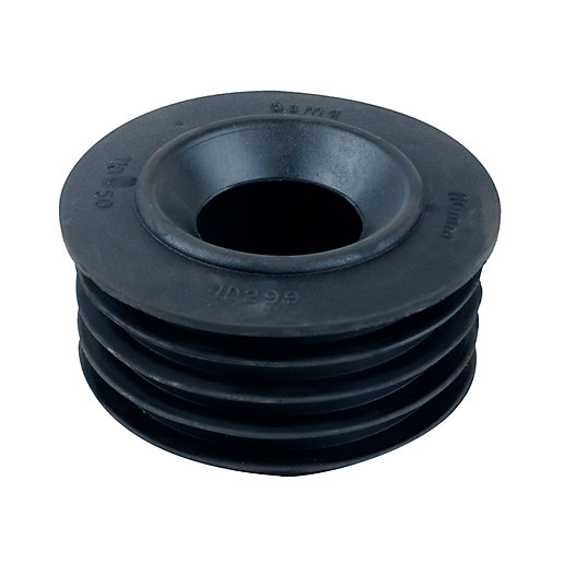 Black Wavin OsmaDrain Internal Drain Connector, 110mm diameter, designed for 50mm waste pipe, featuring a ribbed exterior for secure fitting and a smooth inner surface.