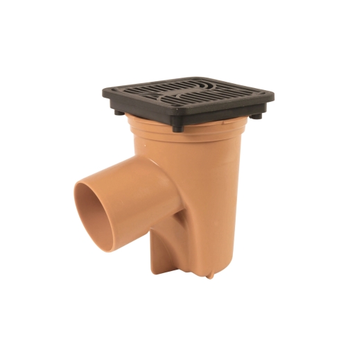 Wavin OsmaDrain Access Gully in brown, measuring 265 x 180 x 110mm, features a rectangular black grate on top and a side outlet for drainage.