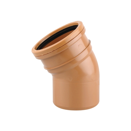 30° single socket bend made of brown plastic, measuring 75 x 160mm, featuring a smooth exterior and a rubber seal for secure connections.