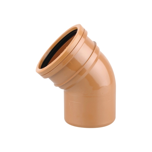 Brown 45° single socket bend made of durable plastic, measuring 75 x 160mm, featuring a smooth finish and a rubber seal for secure connections.