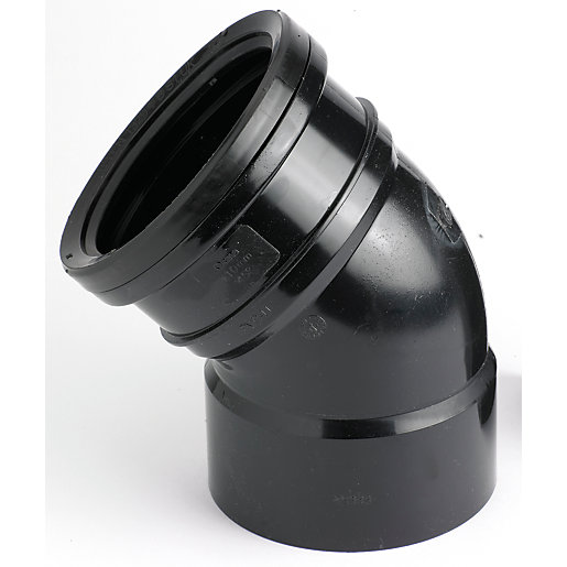 Black 110mm ring-seal/solvent weld bend with a 45° angle, made from durable plastic, featuring smooth edges and a tapered end for secure fitting in drainage systems.