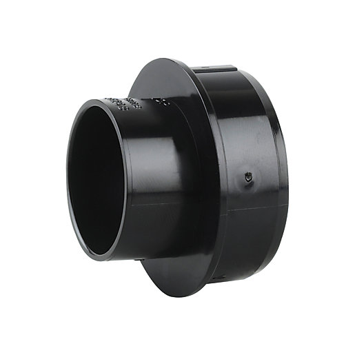 Black OsmaSoil 2S298B ring seal/solvent weld boss adaptor, featuring a 110mm outer diameter and 32mm inner diameter, made of durable plastic with a smooth finish.