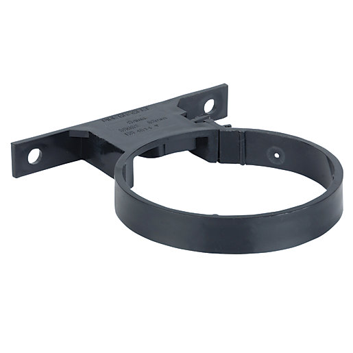 Black plastic Wavin OsmaSoil pipe bracket, 82mm diameter, featuring a circular clamp and mounting plate with two holes for secure installation.