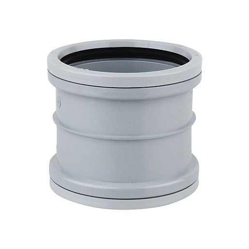 Wavin OsmaSoil D/S Double Socket Coupler in grey, made of durable plastic, featuring two socket ends for connecting pipes with a smooth finish and rubber sealing ring.