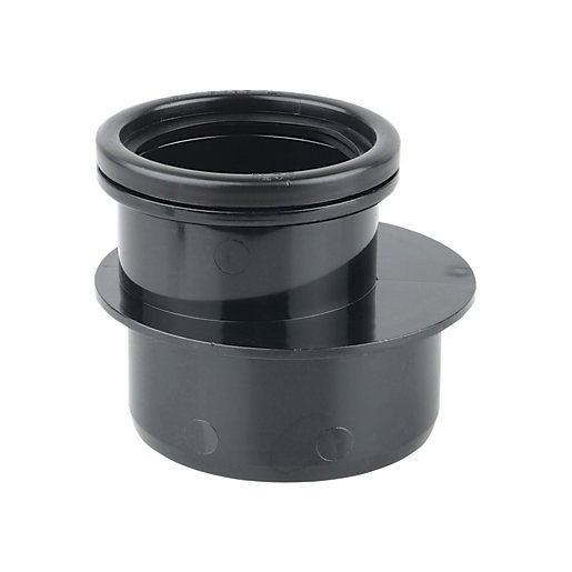 Black plastic single socket reducer measuring 110 x 82mm, featuring a smooth finish and a raised flange for secure fitting, designed for drainage systems.
