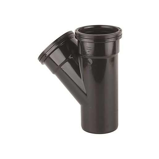 Black plastic Osmasoil 4S210 single branch fitting with a 110mm diameter, featuring a 45-degree angle and smooth finish for drainage applications.