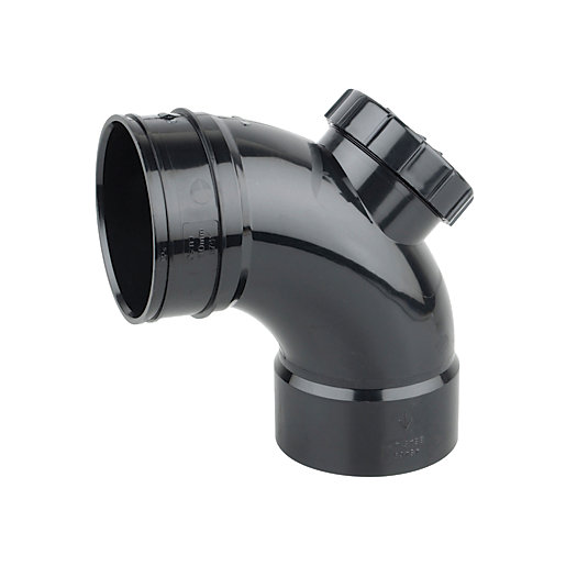 Black 110mm solvent weld access bend with a 87.5-degree angle, featuring a smooth finish and a threaded cap for easy access and maintenance.