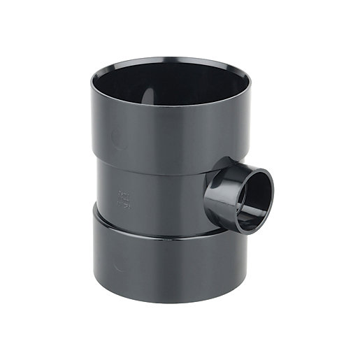 Black 110mm solvent weld bossed pipe with a side outlet, made from durable plastic, featuring smooth, rounded edges and a glossy finish.