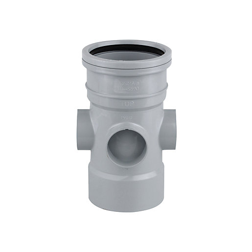 Grey 110mm ring-seal/solvent weld bossed pipe with a top opening and two side outlets, made of durable plastic, featuring a smooth finish and visible sealing ring.