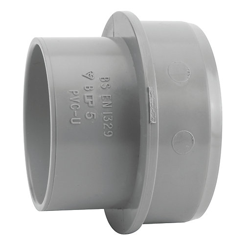 Grey PVC-U BOSS adaptor, measuring 50 x 40mm, featuring smooth surfaces and circular ends, marked with BS EN 129 and BSI logos for quality assurance.