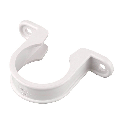 White OsmaWeld 2Z081W pipe bracket designed for 50mm diameter pipes, featuring a sturdy plastic construction with two mounting holes for secure installation.