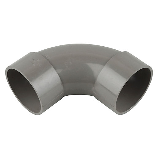 Grey 50mm bend pipe with an 87.5-degree angle, made of durable plastic, featuring smooth ends for easy connection.