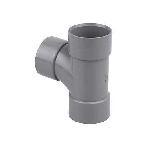 Grey PVC tee fitting, 50mm size, featuring two straight ends and a 87.5-degree branch, designed for plumbing and drainage applications.