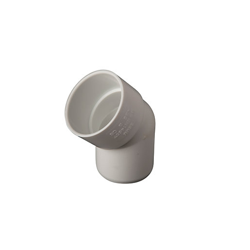 White 45° spigot bend pipe fitting made of durable plastic, designed for 32mm waste connections, featuring smooth interiors for efficient flow.