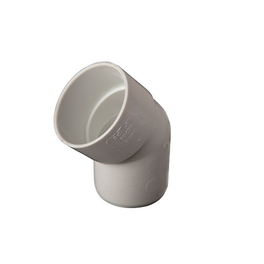 White 45° spigot bend made of durable plastic, designed for 40mm pipe connections, featuring a smooth interior for efficient flow.
