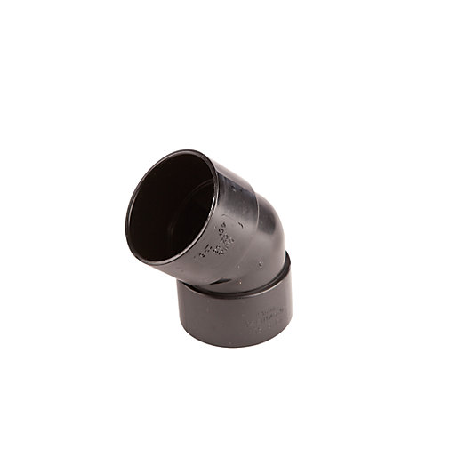 Black 50mm OsmaWeld 45-degree waste bend made of durable plastic, featuring a smooth finish and a curved design for efficient drainage connections.