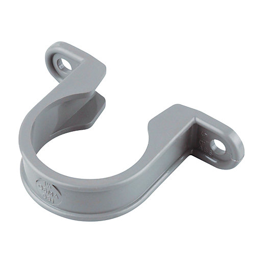 Grey 32mm pipe bracket made of durable plastic, featuring a circular design with two mounting holes for secure installation.