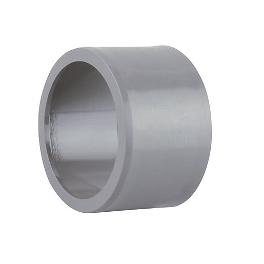 Grey 40mm to 32mm socket reducer made of durable plastic, featuring a smooth, glossy finish and a cylindrical shape designed for plumbing applications.