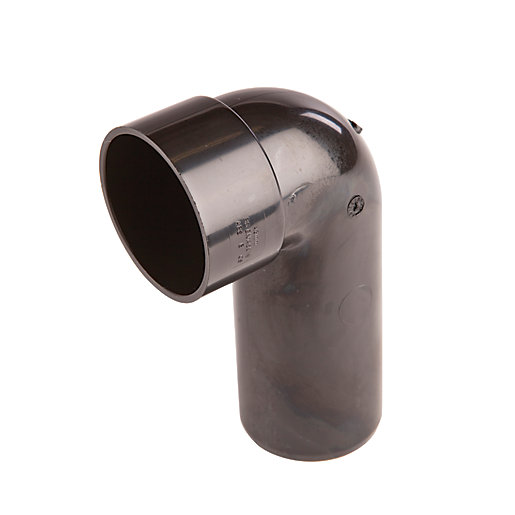 Black 90-degree long tail bend pipe fitting, 32mm diameter, made of durable plastic, featuring a smooth, shiny surface and a curved design for plumbing applications.