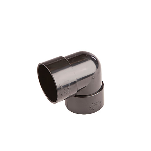 Black 90-degree knuckle bend pipe fitting with a 50mm diameter, made of durable plastic, featuring smooth edges and a curved design for seamless connections.
