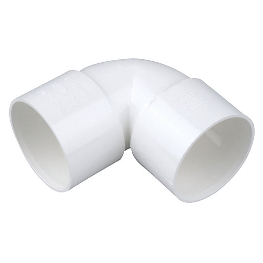White PVC knuckle bend elbow fitting, 90 degrees, with a 50mm diameter, featuring smooth edges and a durable, lightweight design, labeled "OsmaWeld 2Z160W" by Wavin.