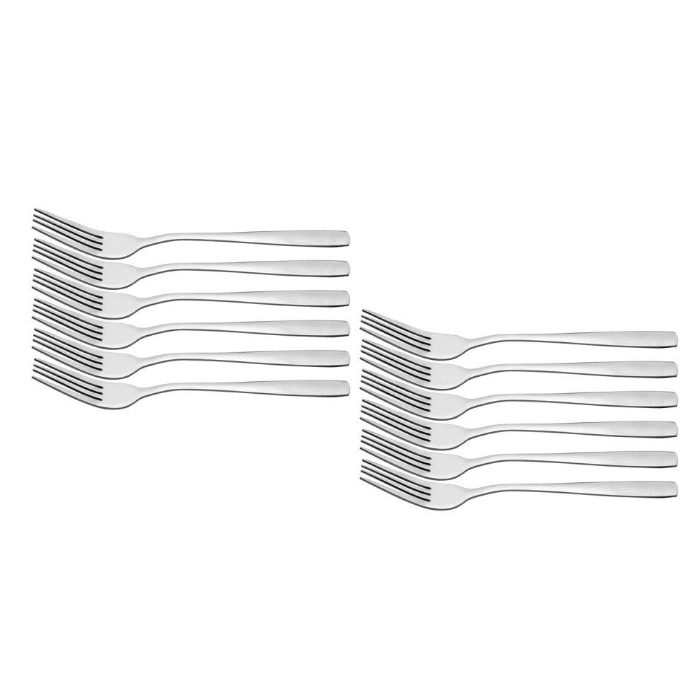 Set of 12 shiny polished stainless steel dinner forks with a simple design, ideal for daily use, arranged in two groups on a white background.