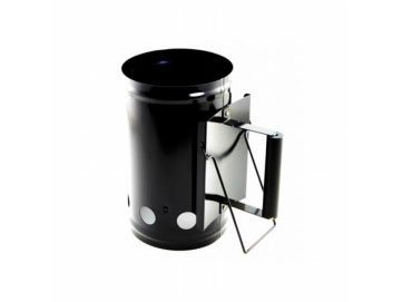Black metal charcoal starter with a cylindrical shape, featuring a sturdy handle and ventilation holes for efficient airflow.