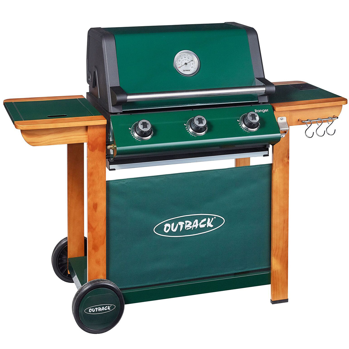 Green Outback Ranger 3-burner hybrid barbecue with charcoal and gas options, featuring a stainless steel lid, wooden side shelves, and a storage compartment with hooks.